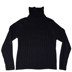 Black Ribbed Italian Wool Turtleneck Sweater Long Sleeve Women's Size XL